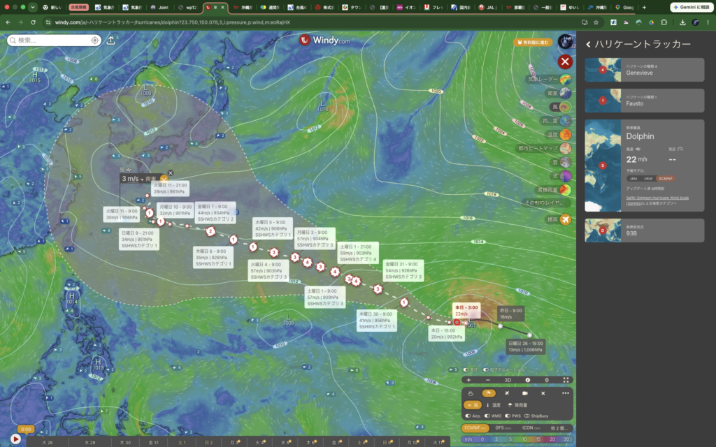気象視覚化ツール「Windy」による台風13号（ドルフィン）の長期シミュレーション画面。西太平洋上の風速・中心気圧および各気象予測モデルの推定進路を表示。