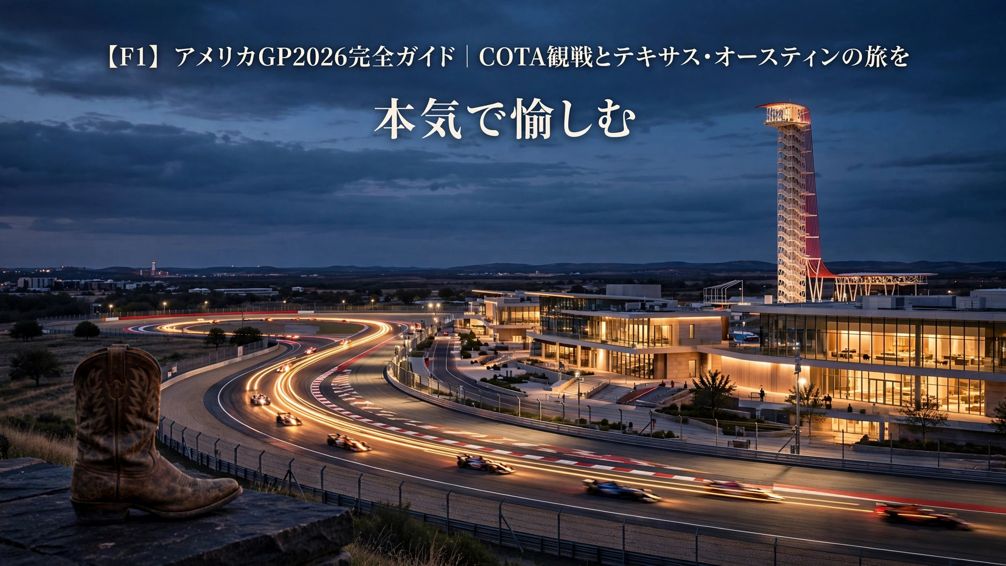 アメリカGP2026の舞台、夕暮れのサーキット・オブ・ジ・アメリカズ（COTA）。特徴的なオブザベーションタワーと光跡を描くF1マシン、手前にテキサスらしいカウボーイブーツ