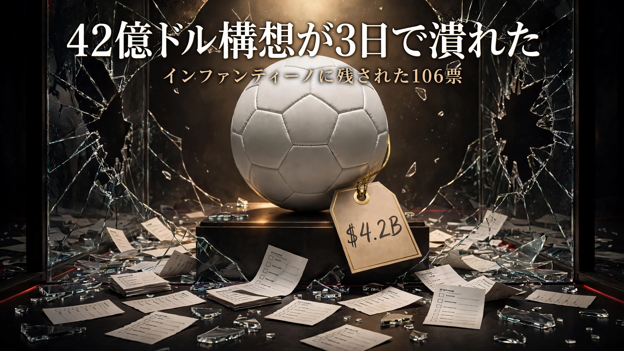 割れたガラスのショーケースの中に置かれたサッカーボールに「$4.2B」の値札が下がり、床に投票用紙が散らばっているイメージ。FIFAの42億ドル構想が3日で崩れたことを象徴