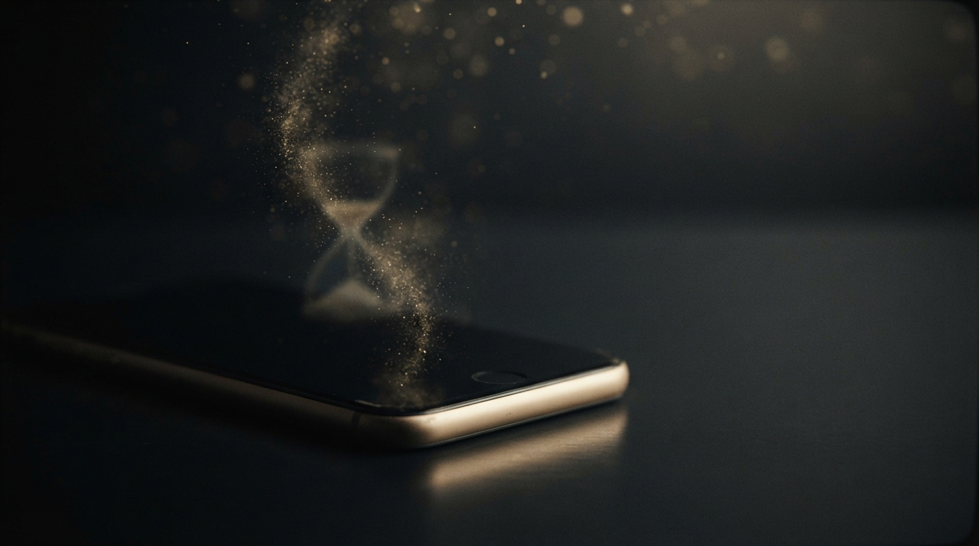 古びたiPhoneが暗闇の中で金色の光の粒子とともに佇む様子、iPhone 13・14の買い替え時期を象徴するイメージ