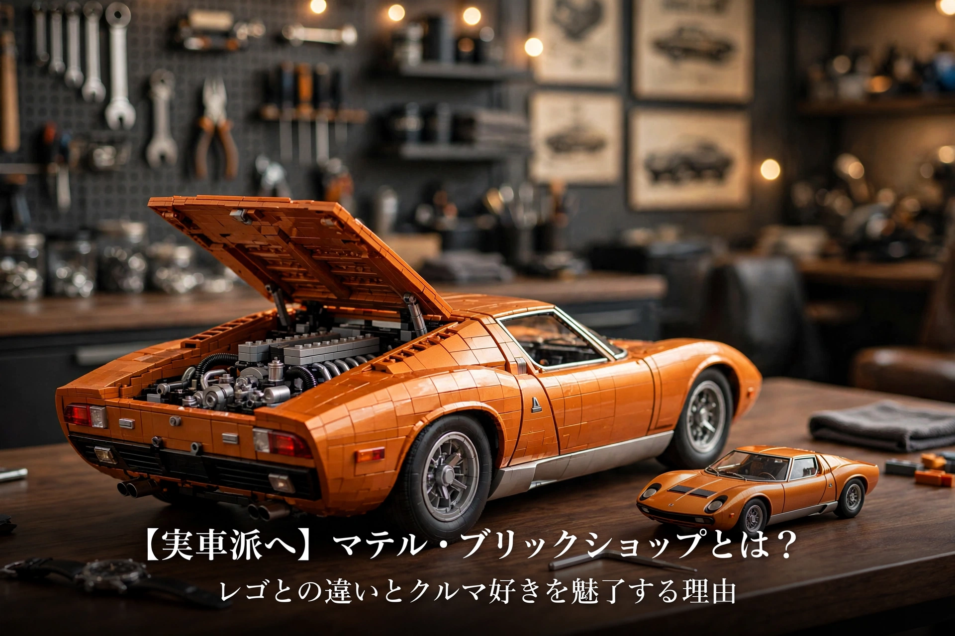 マテル・ブリックショップのランボルギーニ・ミウラP400SV 1/12組み立てモデルと1/64ホットウィールミニカーを大人のガレージで鑑賞