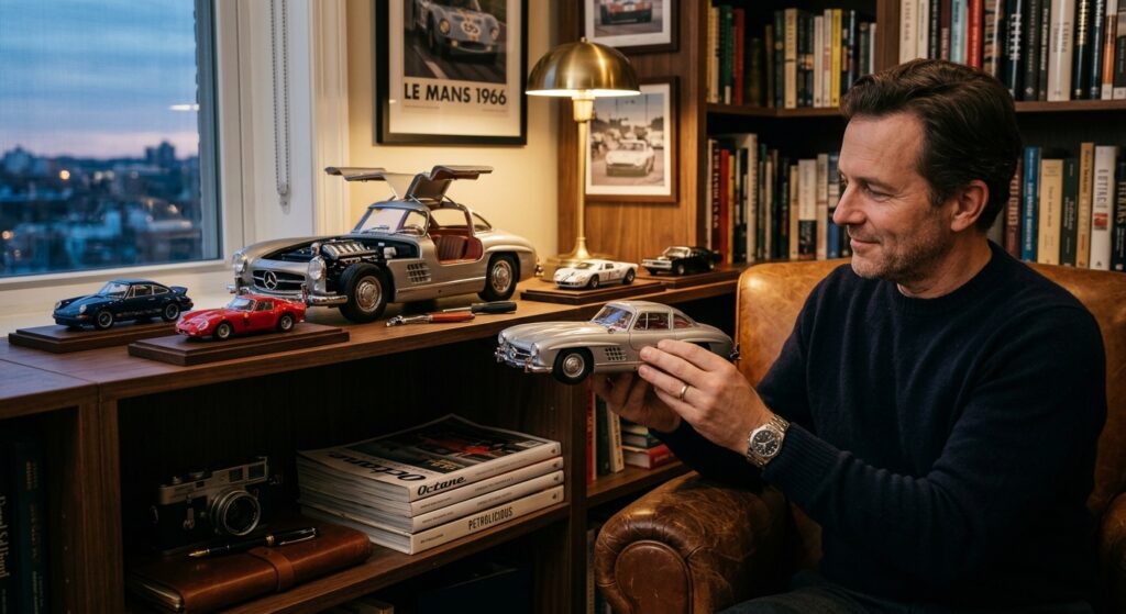 大人の落ち着いた書斎で、マテル・ブリックショップのベンツ300SLガルウィング組み立てモデルと、ホットウィールのミニカーコレクションを鑑賞する男性。