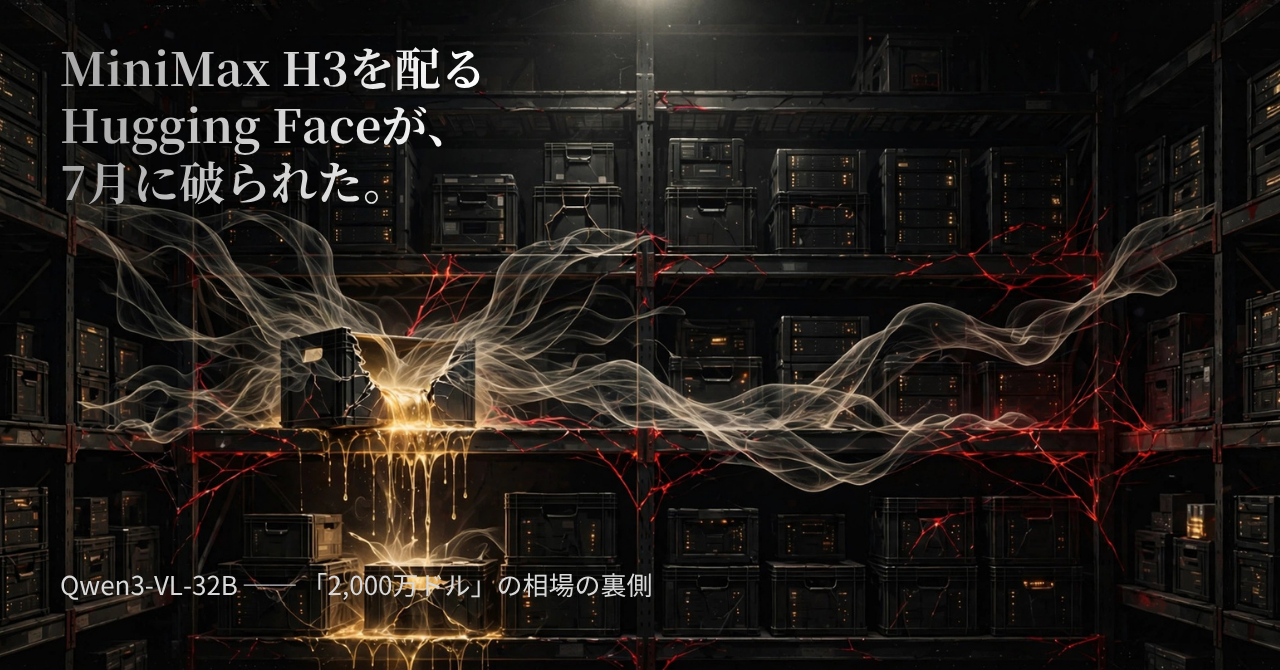 MiniMax H3を配布するHugging Faceが2026年7月に侵害された事件とQwen3-VL-32Bの関係を描いたアイキャッチ画像