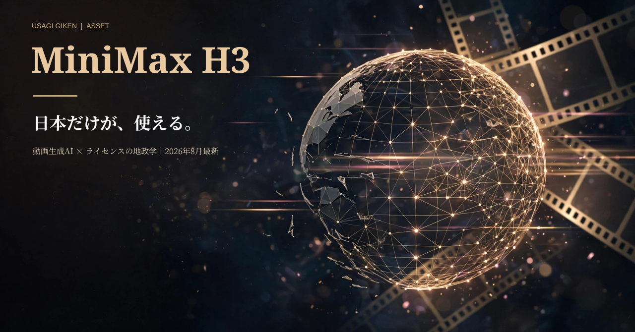 MiniMax H3のアイキャッチ画像。金色のワイヤーフレーム地球儀とフィルムストリップを背景に配置