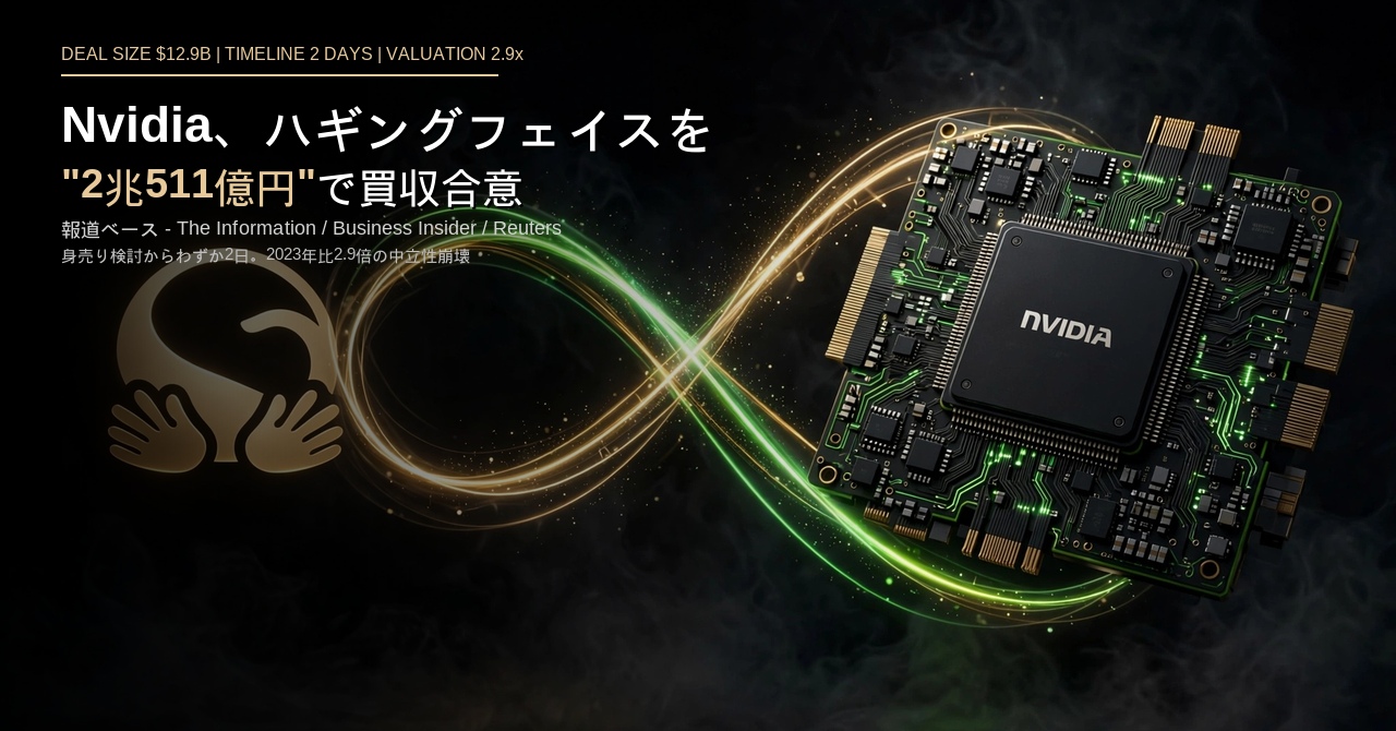 エヌビディアがハギングフェイスを2兆511億円で買収合意したことを伝えるアイキャッチ画像