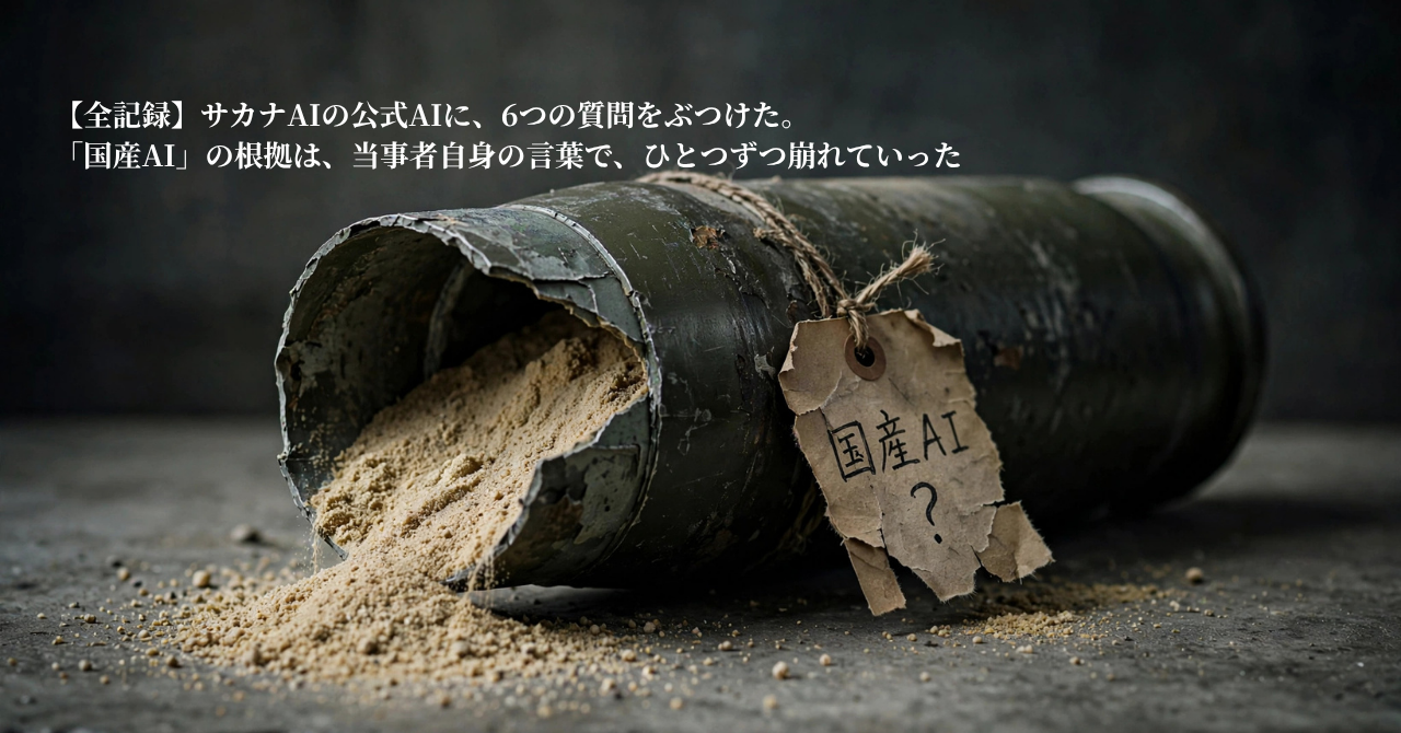 サカナAIの公式AIに6つの質問をぶつけた記録、榴弾から砂がこぼれ「国産AI?」のタグが付いたアイキャッチ画像