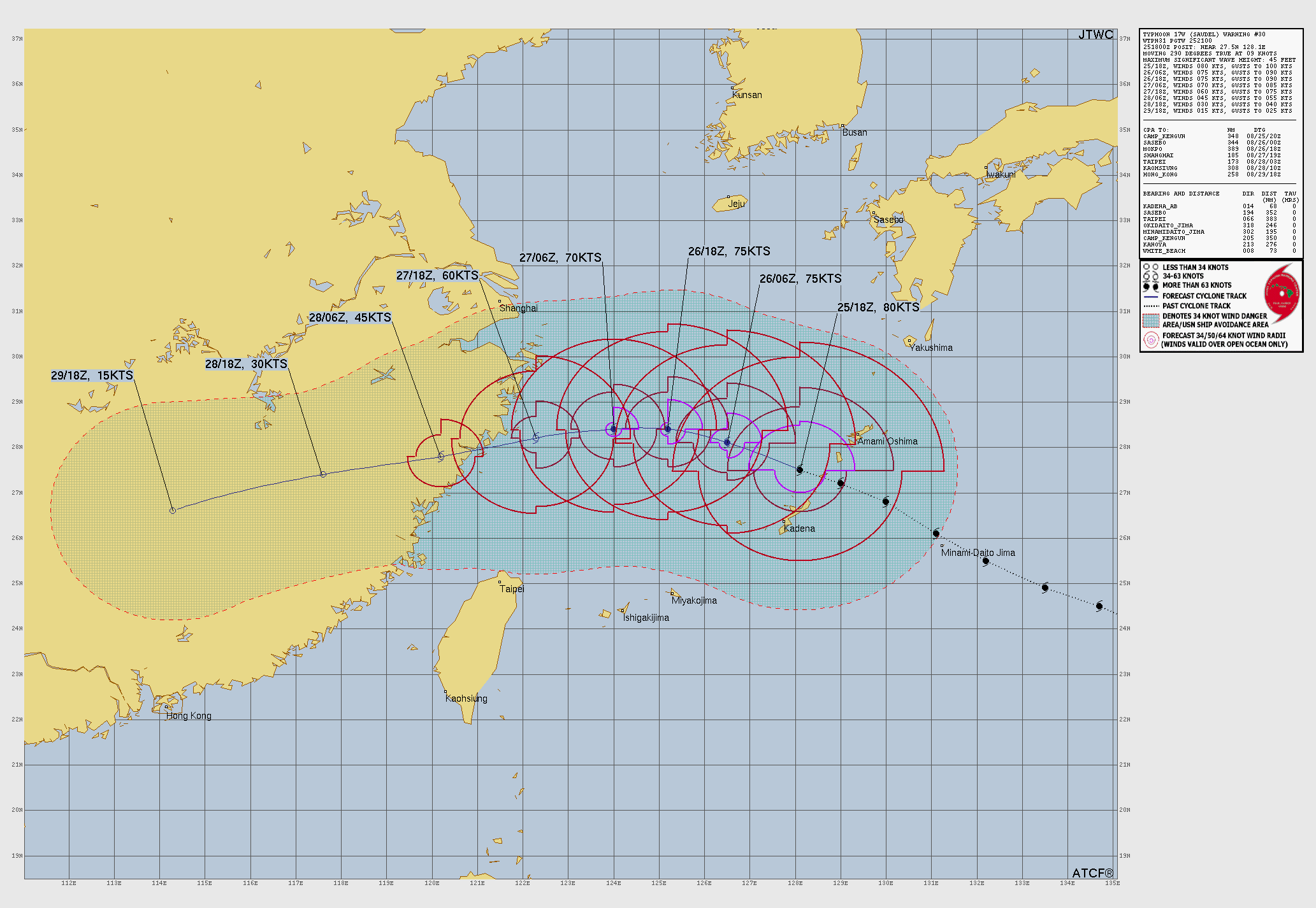 米軍合同台風警報センター(JTWC)による台風17W(SAUDEL)警報第30号の予想進路図。沖縄本島・大東島周辺を離れ東シナ海を進む予想進路と、中国東部沿岸への上陸見通し、主要地点への最接近距離(CPA)を示す