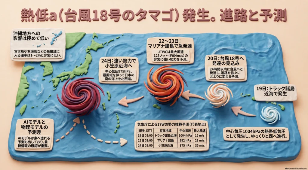 熱帯低気圧a(台風18号のタマゴ)の発生から進路予測までをまとめたインフォグラフィック