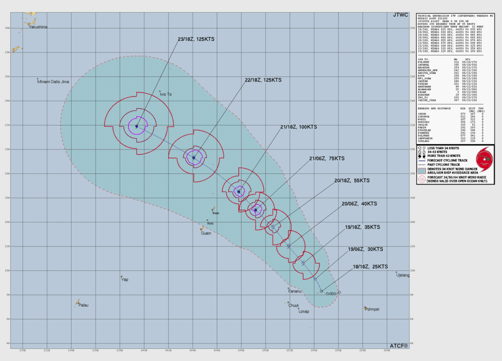 JTWC台風警報センターによるTD17W進路予報図(8月18日21時UTC発表)