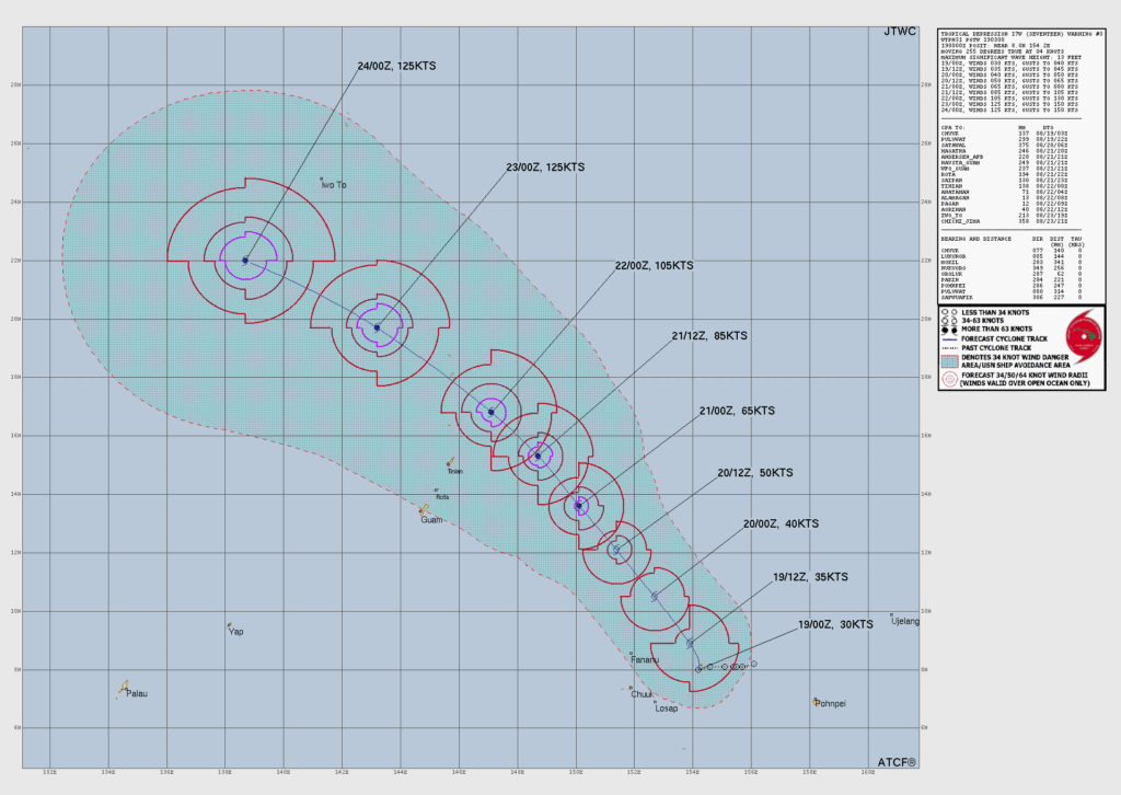 JTWC台風警報センターによるTD17W進路予報図（8月19日3時UTC発表・警報第3号）