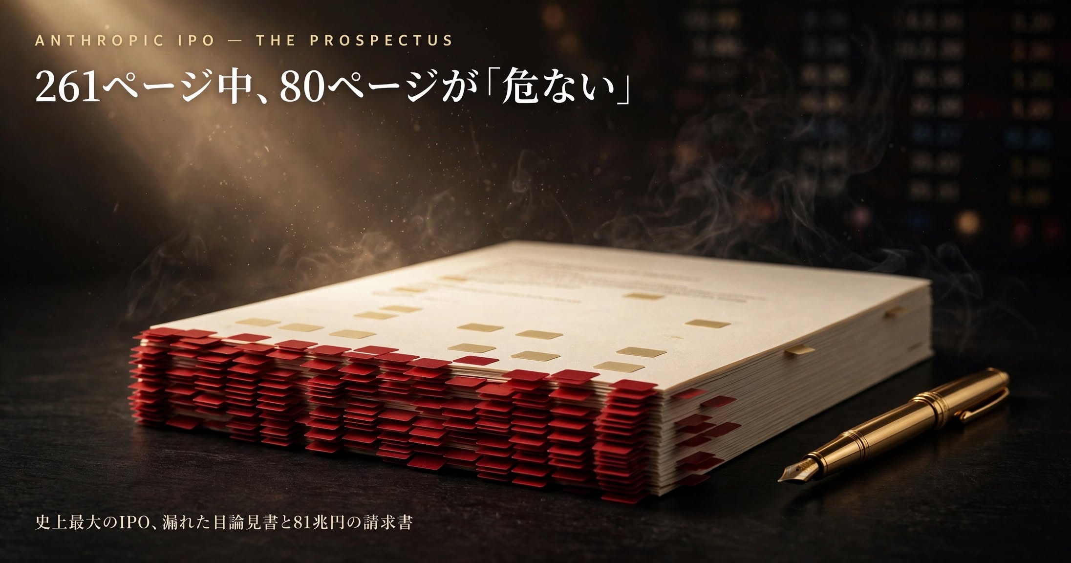 アンソロピックのIPO目論見書を表すイメージ。261ページの分厚い書類の下3分の1に深紅の付箋が密集し、リスク要因の多さを示している