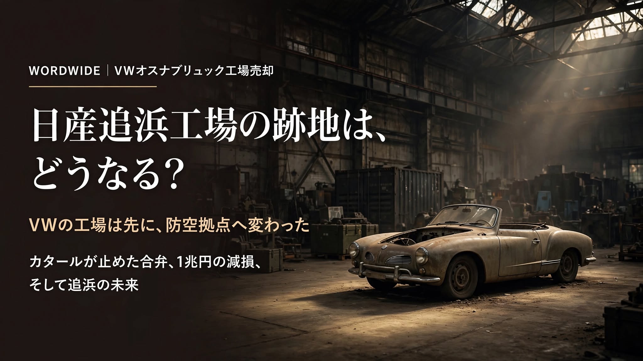 VWオスナブリュック工場の防空施設転換と日産追浜工場跡地問題を象徴する、薄暗い自動車工場内に置かれたクラシックカーのシルエット
