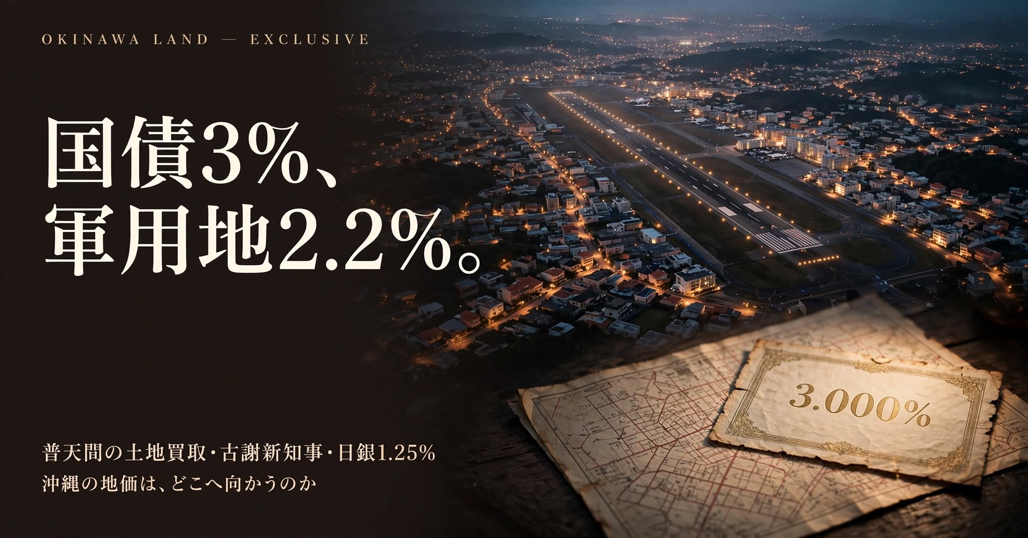 note記事「日銀利上げ、次に揺れるのは沖縄の軍用地だ。」の表紙。普天間の軍用地買取と古謝新知事、日銀1.25%利上げの関係を解説