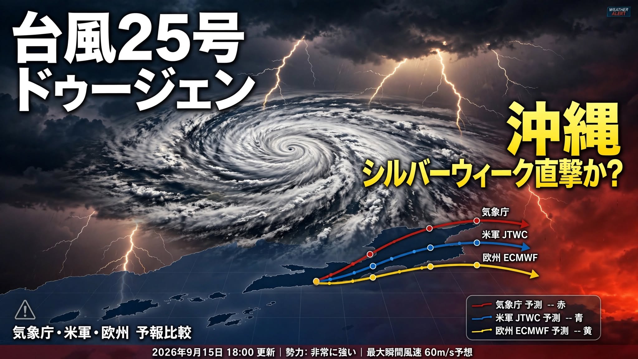 台風25号2026ドゥージェンの衛星画像と気象庁・米軍JTWC・欧州ECMWFの進路予想比較図、沖縄シルバーウィークへの影響を示すイメージ