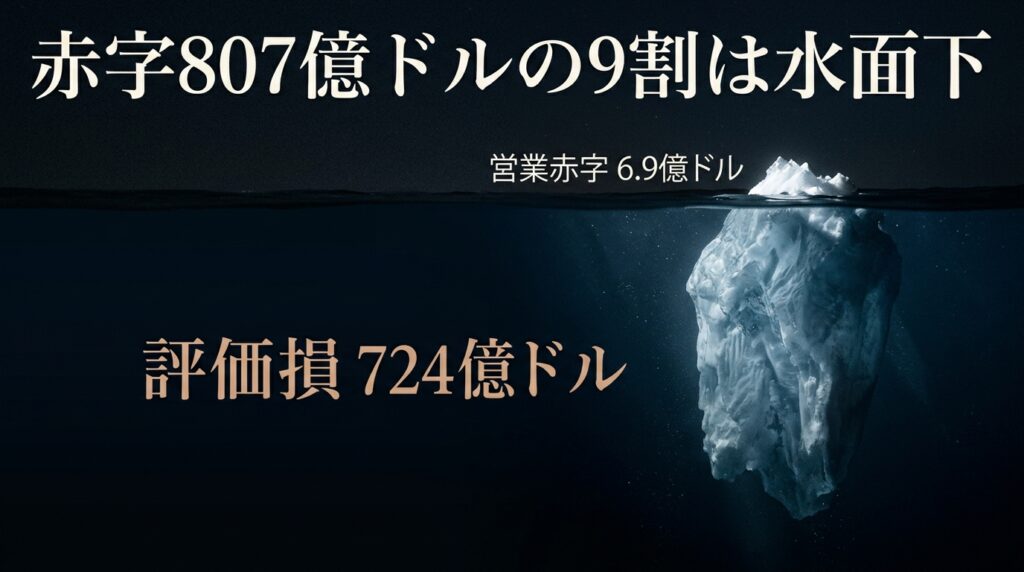アンソロピックの上半期純損失807億ドルの内訳を氷山で表した図。水面上の営業赤字6.9億ドルに対し、水面下に評価損724億ドルが沈んでいる