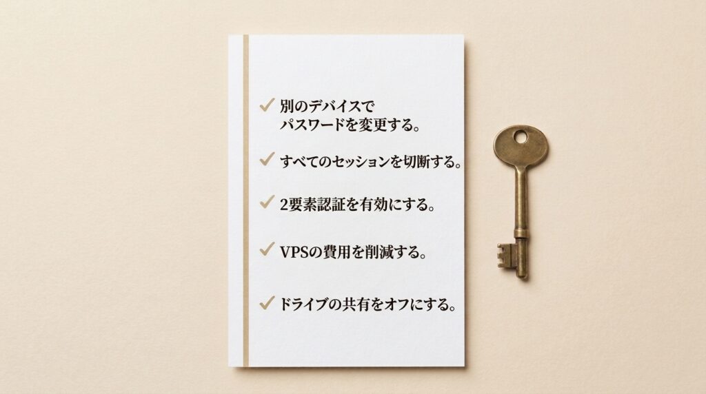 FX自動売買をVPSで行う人向けのセキュリティ対策チェックリスト。パスワード変更、セッション切断、二段階認証、資金の分離、ドライブ共有のオフ