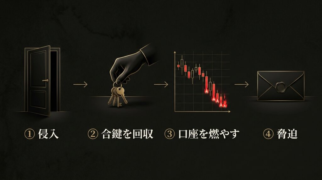 今回の攻撃の流れを示す図。サーバーへの侵入、口座パスワードの回収、損失取引による残高の毀損、GMOへの脅迫の4段階