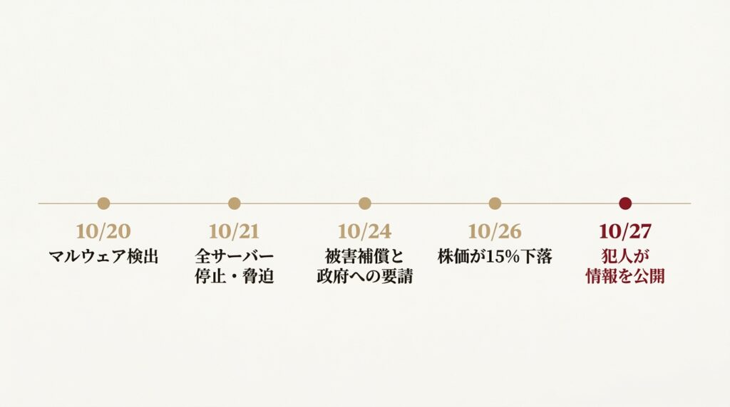GMOお名前.com デスクトップクラウド不正アクセスの時系列図。10月19日の調査開始から10月27日の情報公開確認まで