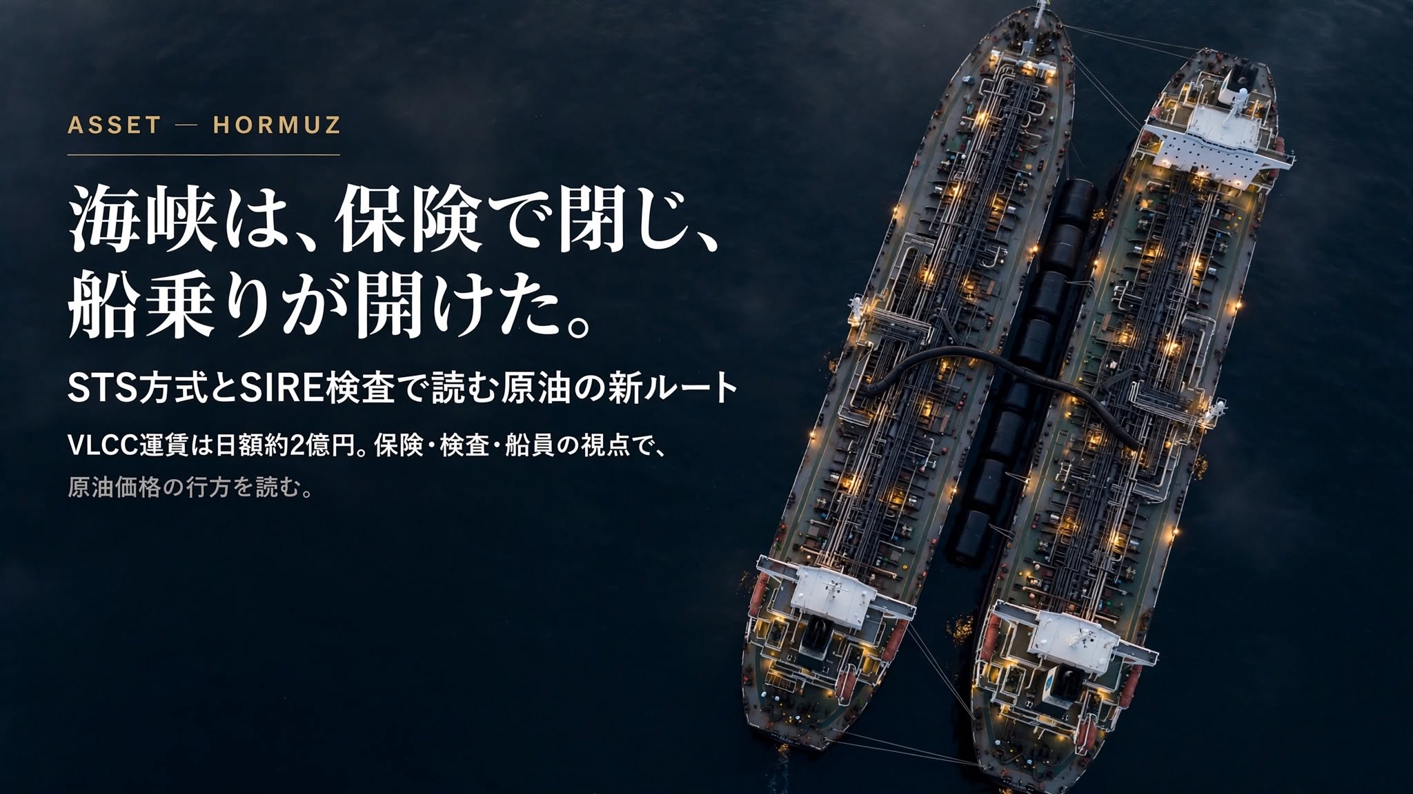真上から見た、船体を寄せ合って原油を積み替える2隻の大型タンカー（ホルムズ海峡のSTS方式）