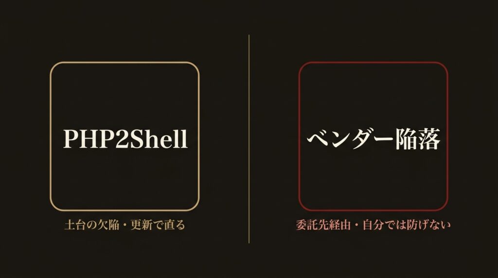 2026年10月に沖縄が受けた2つのサイバー事件の対比図。PHP2Shellは土台の欠陥で更新により解決できる一方、委託先ベンダーへの不正アクセスは利用者側では防げない