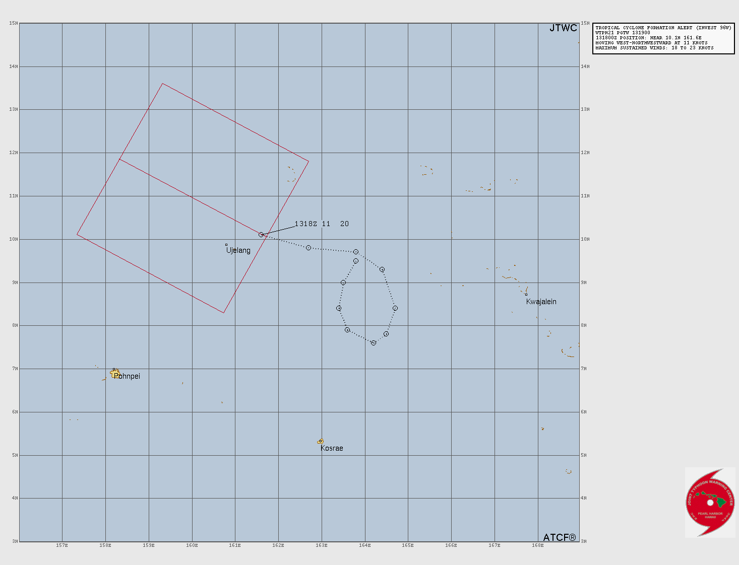 米軍合同台風警報センター(JTWC)による熱帯低気圧96W(台風30号のたまご)の熱帯低気圧形成警報(TCFA)の図。ポンペイ島の北東、北緯10.1度・東経161.6度付近に中心があり、西北西へ進む。赤い四角は24時間以内に熱帯低気圧ができる可能性がある範囲、点線はマーシャル諸島付近で小さな輪を描いたこれまでの動き