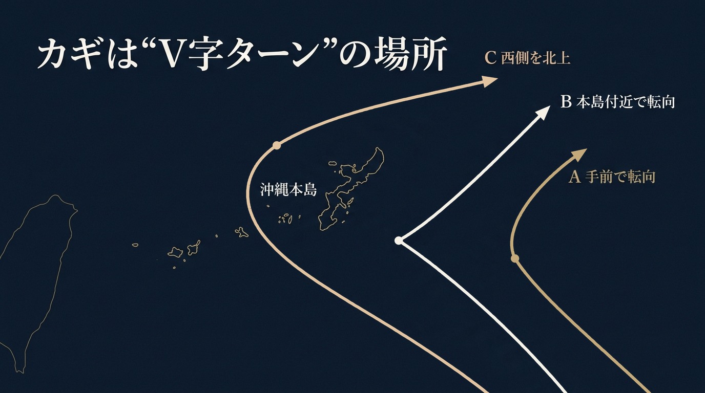 台風30号が北東へ向きを変える「V字ターン」の場所による3つのシナリオの図解。A:沖縄のかなり手前で転向し東の海上を北上、B:沖縄本島の近くで転向、C:転向が遅れて沖縄の西側を北上